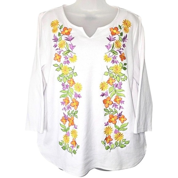 Bob Mackie Tops - Bob Mackie Wearable Art Embroidered Floral Womans White Tunic Size L‎